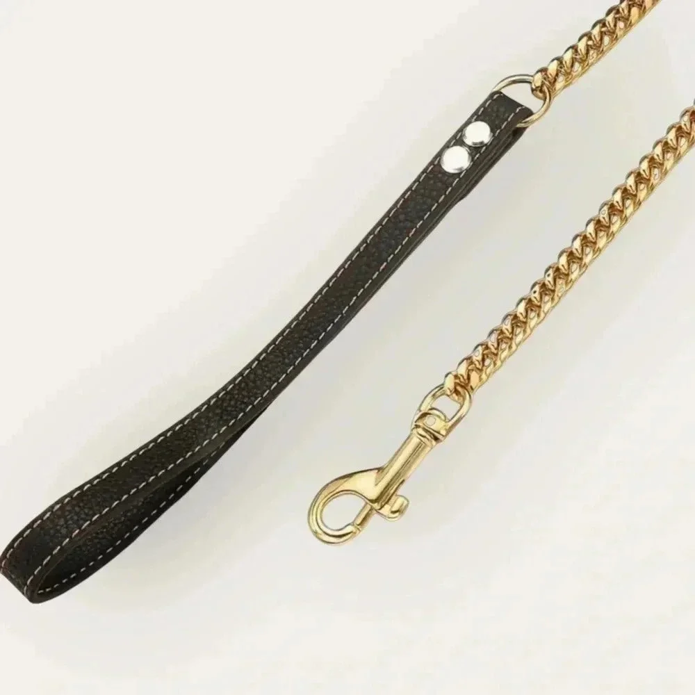 18K Gold Plated Dog Chain Leash Designer Trendy Show Training Black Handle